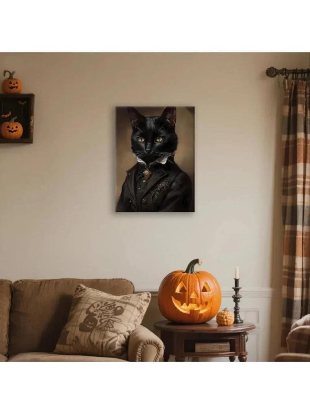 Gothic Black Cat Canvas Wall Art 11.5x15 - Dark Academia Decor, Halloween & Cat